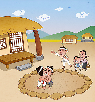 전신 구름 한국전통 라이프스타일 여자 남자 어린이 일러스트 응원 초가집 서기 들기 소년 여러명 성인 바구니 전통놀이 잡기 한복 씨름 씨름판 씨름장 국내일러스트 AI파일 자연요소 전통 스포츠 다수 모션 놀이 한옥 한국 사람 생활 전통의상 파일형식 벡터