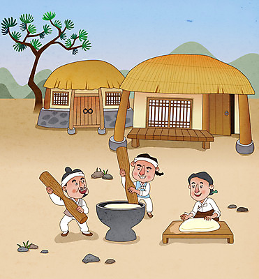 전신 한국전통 라이프스타일 여자 남자 어린이 일러스트 떡 초가집 서기 들기 앉기 소년 상반신 성인 세명 소나무 한복 절구 떡메치기 절굿공이 국내일러스트 AI파일 나무 전통 모션 한옥 한국 사람 생활 도구 전통의상 파일형식 벡터