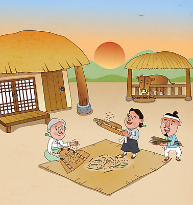 전신 한마리 한국전통 라이프스타일 여자 노년 남자 일러스트 곡류 초가집 서기 들기 앉기 성인 세명 태양 소 한복 키_도구 외양간 삼태기 키질 국내일러스트 AI파일 자연요소 1 전통 포유류 모션 한옥 한국 사람 생활 농사 도구 전통의상 파일형식 벡터