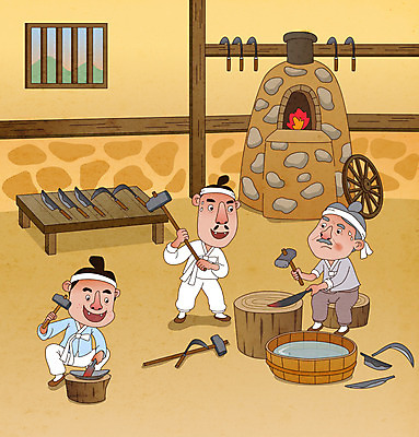 전신 한국전통 라이프스타일 노년 남자 어린이 일러스트 서기 들기 앉기 소년 성인 세명 칼 망치 한복 농기구 만들기 대야 나무밑둥 웅크림 대장간 대장장이 용광로 호미 남자만 단조 국내일러스트 AI파일 나무 전통 농업 모션 한국 사람 생활 공구 제조 전통의상 파일형식 벡터