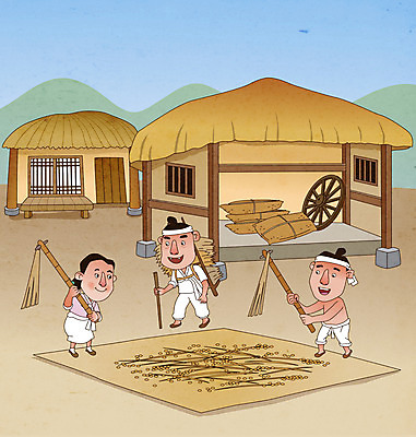 전신 한국전통 라이프스타일 여자 남자 일러스트 곡류 초가집 서기 들기 성인 세명 볏짚 한복 지게 헛간 멍석 타작 성인만 국내일러스트 AI파일 전통 모션 한옥 한국 사람 생활 농사 짚 전통의상 저장고 파일형식 벡터