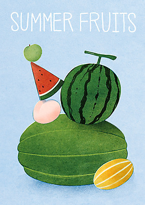 PSD 하늘색 일러스트 여름음식 수박 타이포그라피 사람없음 여름 쌓기 복숭아 참외 매실 미니멀 제철과일 과채 국내일러스트 문자 계절 음식 채소 과일 모션 파란색 제철 파일형식 여름_계절