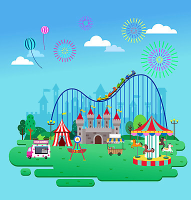 나무 구름 하늘색 일러스트 불꽃놀이 풍경 사람없음 놀이공원 성 서커스 풍선 회전목마 롤러코스터 바이킹 푸드트럭 국내일러스트 AI파일 자연요소 식물 건축물 놀이 파란색 테마파크 트럭 놀이기구 파일형식 벡터