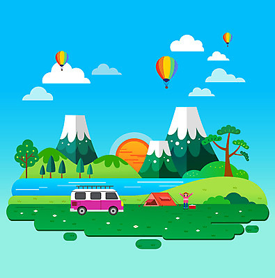 전신 나무 구름 여자 하늘색 일러스트 산 텐트 한명 서기 풍경 초원 성인 강 태양 만세 캠핑 열기구 캠핑카 성인여자한명만 국내일러스트 AI파일 자연요소 식물 1 항공교통 모션 자동차 레저 캠핑도구 사람 파란색 여자한명만 성인여자만 파일형식 벡터