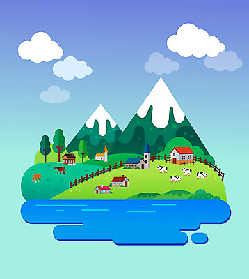 나무 구름 여러마리 일러스트 산 주택 풍경 초원 사람없음 파란색 강 목장 말 방목 젖소 나무울타리 방목장 국내일러스트 AI파일 자연요소 식물 컬러 다수 건물 울타리 소 축산업 파일형식 벡터