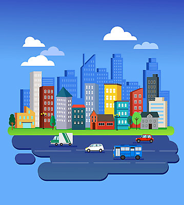 나무 구름 도로 일러스트 자동차 버스 주택 풍경 빌딩 사람없음 건물 파란색 트럭 도시 국내일러스트 AI파일 자연요소 식물 건축물 길 육상교통 컬러 교통시설 대중교통 파일형식 벡터