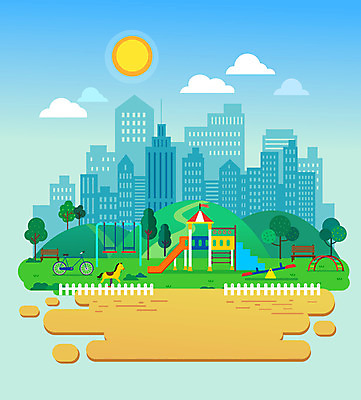 나무 구름 공원 벤치 일러스트 풍경 빌딩 사람없음 건물 울타리 태양 자전거 도시 미끄럼틀 놀이터 언덕 그네 시소 흔들목마 국내일러스트 AI파일 자연요소 식물 건축물 공공시설 의자 놀이 담장 바이크 목마 놀이기구 파일형식 벡터