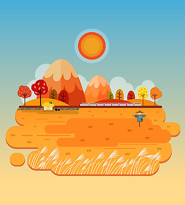 나무 단풍 일러스트 산 초가집 갈대 풍경 초원 사람없음 담장 태양 주황색 기찻길 기차 가을 농촌 허수아비 갈대밭 국내일러스트 AI파일 자연요소 식물 계절 육상교통 컬러 잎 농업 대중교통 한옥 시골 파일형식 벡터 갈대_식물