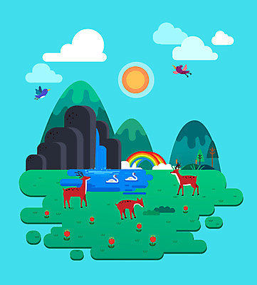 나무 구름 꽃 하늘색 무지개 여러마리 일러스트 조류 사슴 산 풍경 초원 사람없음 태양 폭포 바위 숲 백조 국내일러스트 AI파일 자연요소 식물 동물 다수 포유류 자연 파란색 돌_바위 파일형식 벡터