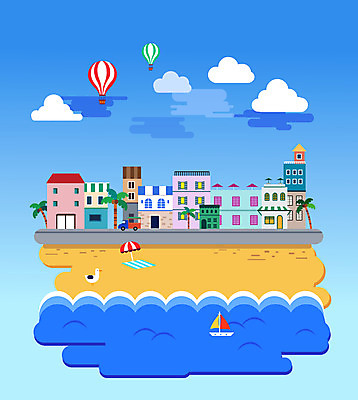 구름 한마리 바다 요트 일러스트 자동차 갈매기 주택 풍경 해변 사람없음 건물 여름 파란색 야자수 열기구 파라솔 비치타올 국내일러스트 AI파일 자연요소 나무 1 건축물 계절 육상교통 컬러 배_교통 항공교통 조류 수건 파일형식 벡터