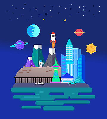별 일러스트 자동차 산 풍경 빌딩 사람없음 건물 파란색 우주 행성 로켓 우주선 우주복 미래도시 우주도시 국내일러스트 AI파일 자연요소 건축물 옷 육상교통 컬러 미래 도시 파일형식 벡터