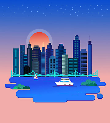 분홍색 요트 일러스트 풍경 빌딩 사람없음 건물 파란색 태양 일몰 다리 도시 유람선 한강 국내일러스트 AI파일 자연요소 건축물 컬러 배_교통 서울 신체부위 노을 랜드마크 파일형식 벡터