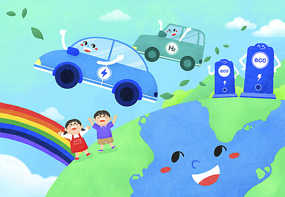 전신 PSD 여자 남자 지구 어린이 하늘색 무지개 일러스트 하늘 나뭇잎 소녀 소년 두명 자연보호 만세 그린에너지 전기에너지 에코 친환경 수소에너지 전기자동차 충전기 어린이만 수소자동차 국내일러스트 에너지의날 자연요소 기념일 잎 모션 자동차 자연 사람 파란색 환경 기계 에너지 보호 충전 파일형식