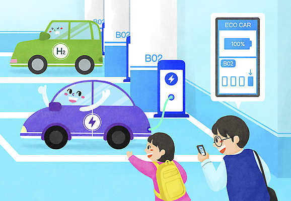 PSD 여자 남자 어린이 하늘색 일러스트 들기 소녀 상반신 성인 두명 스마트폰 자연보호 그린에너지 어플리케이션 전기에너지 에코 친환경 전기자동차 충전기 충전소 지하주차장 부녀 수소자동차 국내일러스트 에너지의날 기념일 딸 가족 모션 자동차 자연 사람 파란색 핸드폰 스마트기기 환경 기계 에너지 아빠 보호 주차장 충전 파일형식