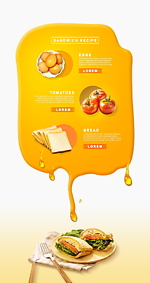 PSD 편집이미지 접시 포크 토마토 샌드위치 사람없음 노란색 계란 나이프 천 식빵 레시피 이미지편집 식기 음식 빵 컬러 채소 알 직물 칼 파일형식