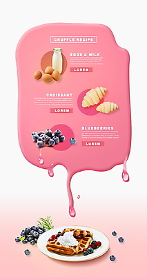 PSD 편집이미지 접시 분홍색 사람없음 계란 우유 크루아상 생크림 블루베리 반죽 레시피 크로플 이미지편집 식기 빵 컬러 과일 디저트 유제품 알 크림 파일형식