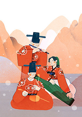 전신 PSD 한국전통 여자 남자 일러스트 산 국악기 국악 서기 들기 앉기 성인 세명 주황색 한복 피리 가야금 해금 대금 성인만 국내일러스트 전통 악기 음악 컬러 모션 현악기 한국 사람 전통의상 목관악기 파일형식