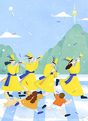 전신 PSD 구름 한마리 한국전통 여자 남자 어린이 하늘색 일러스트 서울 국악 들기 소녀 소년 여러명 성인 달리기 걷기 횡단보도 강아지 한복 즐거움 남산 군악대 태평소 국내일러스트 자연요소 1 전통 감정 음악 다수 모션 한국 국악기 관악기 사람 파란색 반려동물 보행로 개 전통의상 랜드마크 파일형식