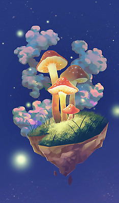 PSD 구름 별 섬 일러스트 상상일러스트 사람없음 버섯 풀 떠있는 남색 감성 국내일러스트 자연요소 식물 컬러 컨셉 모션 상상 파일형식