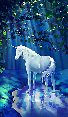 PSD 한마리 일러스트 나뭇잎 상상일러스트 서기 사람없음 파란색 반사 나뭇가지 숲속 감성 유니콘 국내일러스트 나무 1 컬러 컨셉 잎 모션 상상 숲 파일형식