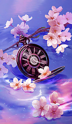 PSD 물결 일러스트 사람없음 보라색 벚꽃 나뭇가지 연못 감성 회중시계 국내일러스트 나무 꽃 시계 컬러 컨셉 파일형식