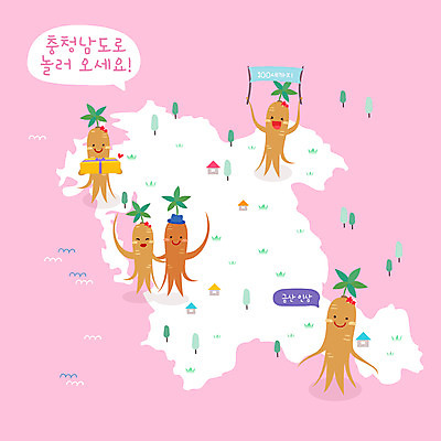 분홍색 말풍선 지도 일러스트 어깨동무 들기 사람없음 선물상자 팻말 인삼 충청남도 특산물 금산 금산인삼 국내일러스트 AI파일 컬러 포즈 모션 프레임 선물 상자 삼 충청도 파일형식 벡터