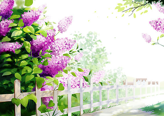 PSD 길 일러스트 나뭇잎 풍경 사람없음 초록색 울타리 보라색 라일락 국내일러스트 꽃 컬러 잎 담장 파일형식