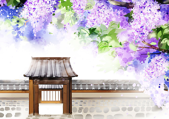 PSD 일러스트 나뭇잎 한옥 풍경 사람없음 보라색 대문 라일락 기와담장 국내일러스트 한국전통 꽃 컬러 고건축 잎 기와 담장 문 파일형식