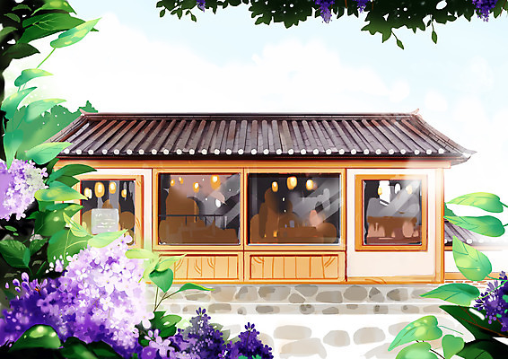 PSD 일러스트 나뭇잎 한옥 풍경 사람없음 갈색 라일락 국내일러스트 한국전통 꽃 컬러 고건축 잎 파일형식