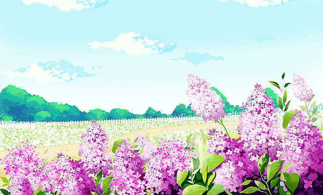 PSD 구름 하늘색 꽃밭 일러스트 하늘 풍경 초원 사람없음 보라색 라일락 국내일러스트 자연요소 꽃 컬러 파란색 파일형식