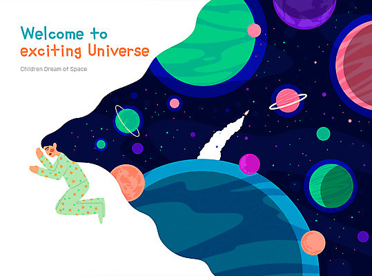 PSD 여자 별 어린이 일러스트 한명 소녀 타이포그라피 눕기 머리카락 우주 꿈 행성 잠옷 로켓 잠 남색 우주여행 소녀한명만 국내일러스트 자연요소 문자 1 옷 컬러 여행 모션 사람 머리 여자한명만 소녀만 파일형식