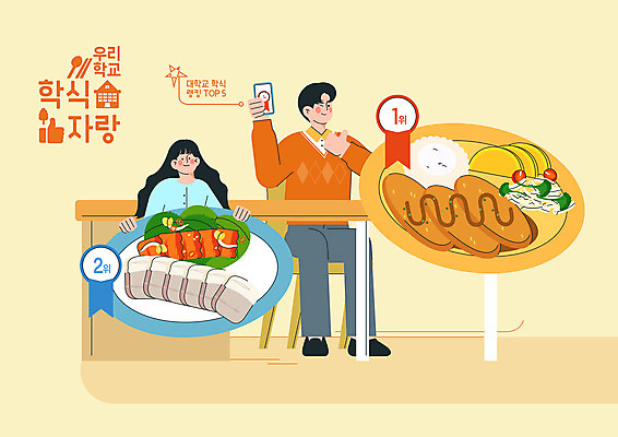 전신 PSD 접시 여자 교육 남자 대학생 일러스트 식탁 김치 들기 앉기 상반신 성인 두명 스마트폰 노란색 돈가스 메뉴 대학교 보쌈 정식 급식 랭킹 에듀 에듀케이션 자랑 성인만 스쿨팩 국내일러스트 학생 식기 한식 음식 컬러 학교 모션 탁자 사람 핸드폰 스마트기기 커틀릿 파일형식