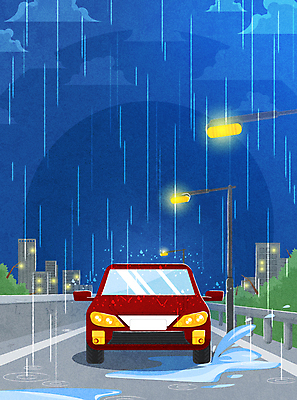 구름 가로등 일러스트 자동차 사람없음 건물 비 야간 남색 웅덩이 장마 안전운전 빗길 빗길운전 국내일러스트 AI파일 자연요소 건축물 공공시설 길 육상교통 컬러 날씨 운전 비_날씨 교통안전 파일형식 벡터