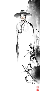 PSD 한국전통 남자 잎 일러스트 캘리그라피 붓터치 한명 미소 상반신 성인 난초 한복 동양화 뒷짐 번짐 낙관 선비 인물화 성인남자한명만 흑립 국내일러스트 갓모자 식물 모자_잡화 1 전통 모션 전통소품 한국 표정 미술 사람 전통의상 그림 갓_모자 남자한명만 성인남자만 파일형식 효과