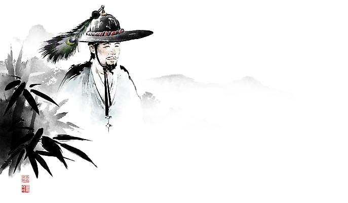 PSD 한국전통 남자 중년 일러스트 캘리그라피 붓터치 한명 미소 상반신 한복 대나무 동양화 깃털 번짐 낙관 대나무잎 무관 인물화 전립 중년남자한명만 국내일러스트 나무 1 전통 잎 한국 표정 미술 사람 성인 전통의상 그림 남자한명만 중년남자만 파일형식 효과