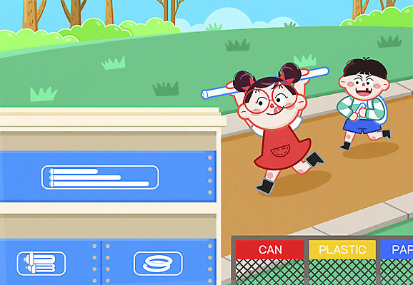 전신 PSD 공원 여자 남자 어린이 일러스트 들기 소녀 소년 두명 달리기 자연보호 그린캠페인 친환경 분리수거 형광등 분리수거함 공원길 분리배출 어린이만 국내일러스트 공공시설 길 캠페인 모션 자연 전등 사람 환경 보호 수거함 파일형식