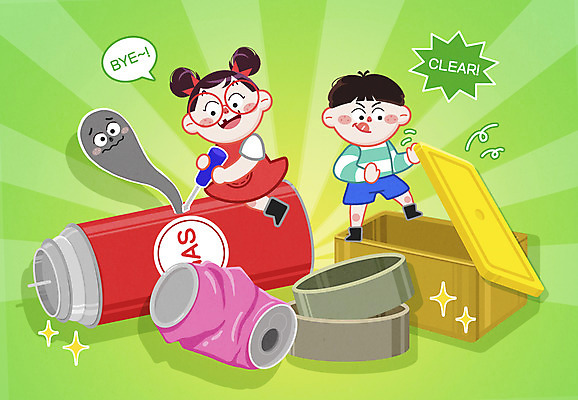 전신 PSD 여자 남자 어린이 일러스트 서기 소녀 소년 두명 자연보호 그린캠페인 뚜껑 구멍 드라이버 캔 연기 플라스틱 친환경 분리수거 통조림 부탄가스 분리배출 어린이만 뚫기 국내일러스트 캠페인 모션 자연 재질 사람 환경 공구 보호 파일형식