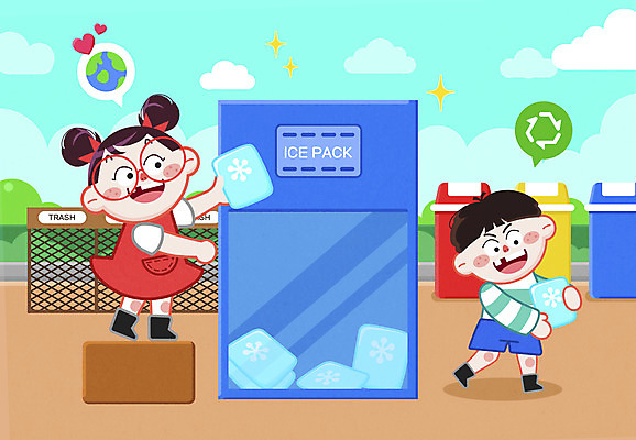 전신 PSD 공원 여자 남자 지구 어린이 일러스트 들기 소녀 소년 두명 걷기 자연보호 그린캠페인 쓰레기통 친환경 분리수거 분리수거함 발판 넣기 분리배출 얼음팩 수거함 어린이만 국내일러스트 공공시설 캠페인 모션 자연 사람 환경 보호 파일형식