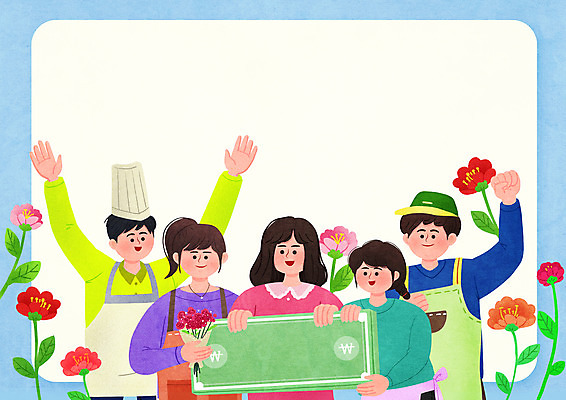 PSD 여자 남자 꽃 꽃다발 지폐 일러스트 프레임 함께함 들기 여러명 상반신 성인 요리사 파이팅 만세 자영업 바리스타 프레임일러스트 플로리스트 성인만 소상공인 국내일러스트 식물 직업 다수 컨셉 돈 비즈니스 모션 사람 경제 상인 파일형식