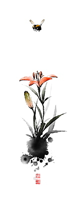 PSD 한마리 줄기 잎 일러스트 캘리그라피 붓터치 사람없음 백합 동양화 번짐 낙관 호박벌 초충도 국내일러스트 식물 1 꽃 미술 벌_곤충 그림 파일형식 효과