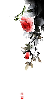 PSD 한마리 줄기 잎 일러스트 캘리그라피 붓터치 사람없음 장미 동양화 번짐 낙관 사마귀 초충도 국내일러스트 식물 1 꽃 곤충 미술 그림 파일형식 효과