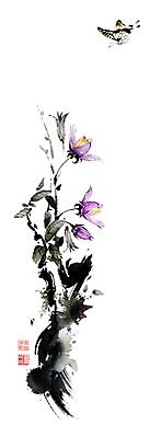 PSD 한마리 줄기 나비 잎 일러스트 캘리그라피 붓터치 사람없음 동양화 번짐 낙관 매발톱꽃 초충도 국내일러스트 식물 1 꽃 곤충 미술 그림 파일형식 효과