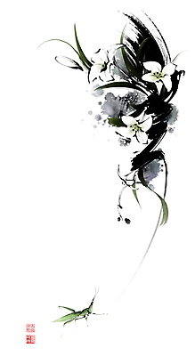 PSD 한마리 줄기 잎 일러스트 캘리그라피 붓터치 사람없음 백합 동양화 번짐 낙관 메뚜기 초충도 국내일러스트 식물 1 꽃 곤충 미술 그림 파일형식 효과