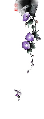 PSD 한마리 줄기 나비 잎 일러스트 캘리그라피 붓터치 사람없음 동양화 번짐 나팔꽃 낙관 초충도 국내일러스트 식물 1 꽃 곤충 미술 그림 파일형식 효과