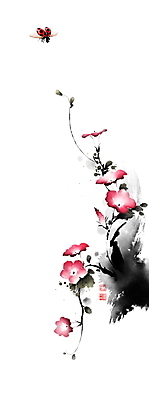 PSD 한마리 줄기 잎 일러스트 캘리그라피 붓터치 사람없음 동양화 무당벌레 번짐 나팔꽃 낙관 초충도 국내일러스트 식물 1 꽃 곤충 미술 그림 파일형식 효과