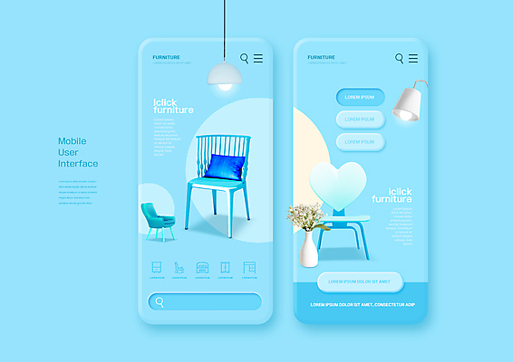 PSD 편집이미지 화분 가구 하늘색 의자 모바일 조명 사람없음 인테리어 어플리케이션 UI 이미지편집 디자인 생활용품 파란색 파일형식