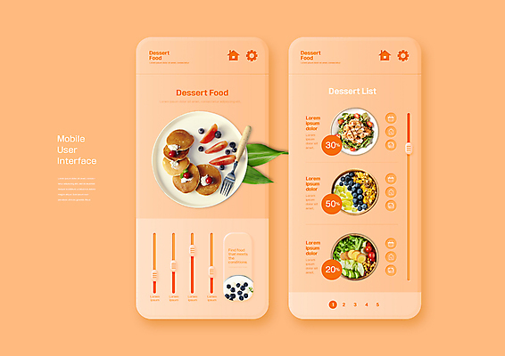PSD 편집이미지 포크 버튼 모바일 디저트 사람없음 샐러드 어플리케이션 팬케이크 UI 코랄 이미지편집 식기 음식 컬러 케이크 파일형식