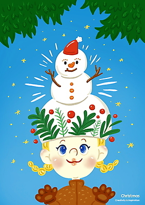 PSD 헤어스타일 여자 크리스마스 겨울 일러스트 눈사람 나뭇잎 한명 상반신 성인 장식 파란색 호랑가시나무열매 성인여자한명만 국내일러스트 1 계절 기념일 열매 컬러 잎 사람 여자한명만 성인여자만 파일형식