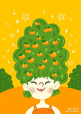 PSD 나무 헤어스타일 여자 일러스트 한명 미소 상반신 성인 노란색 제주감귤 감귤나무 성인여자한명만 국내일러스트 식물 1 컬러 귤 표정 사람 제주도 특산물 여자한명만 성인여자만 파일형식