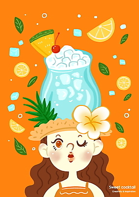 PSD 헤어스타일 여자 꽃 잎 오렌지 일러스트 윙크 한명 상반신 성인 얼음 주황색 칵테일 체리 파인애플 성인여자한명만 국내일러스트 자연요소 식물 1 컬러 과일 주류 표정 사람 열대과일 여자한명만 성인여자만 파일형식